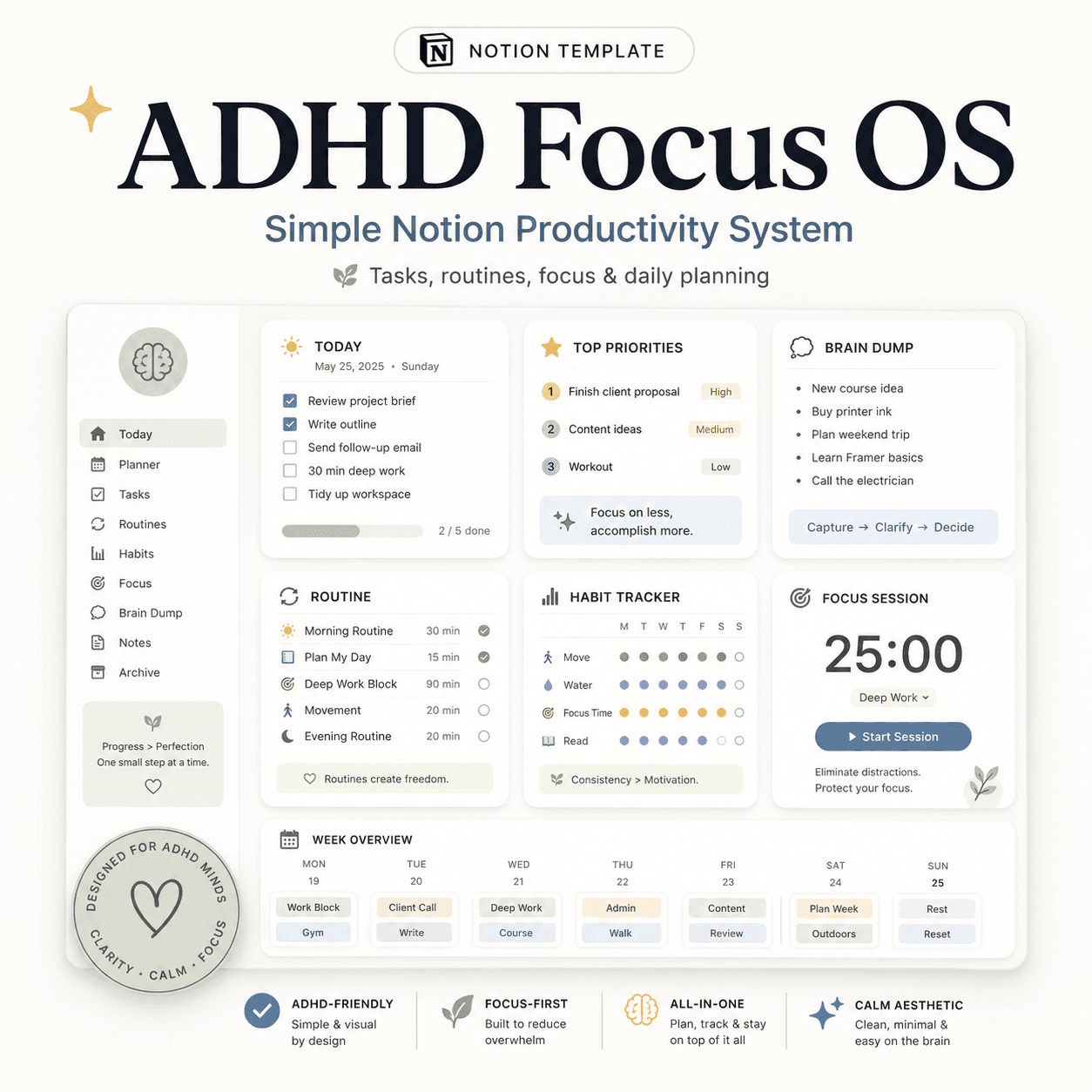 ADHD Focus OS | Simple Notion Productivity System for Tasks, Routines & Daily Planning